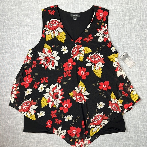 Alfani Red Floral Asymmetrical Sheer Overlay Tank Top Petite Size Large - Picture 2 of 5